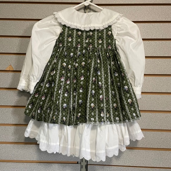 VTG Girls Christmas Holiday Dress Long Sleeve Snowman Green White Handmade  2 pc